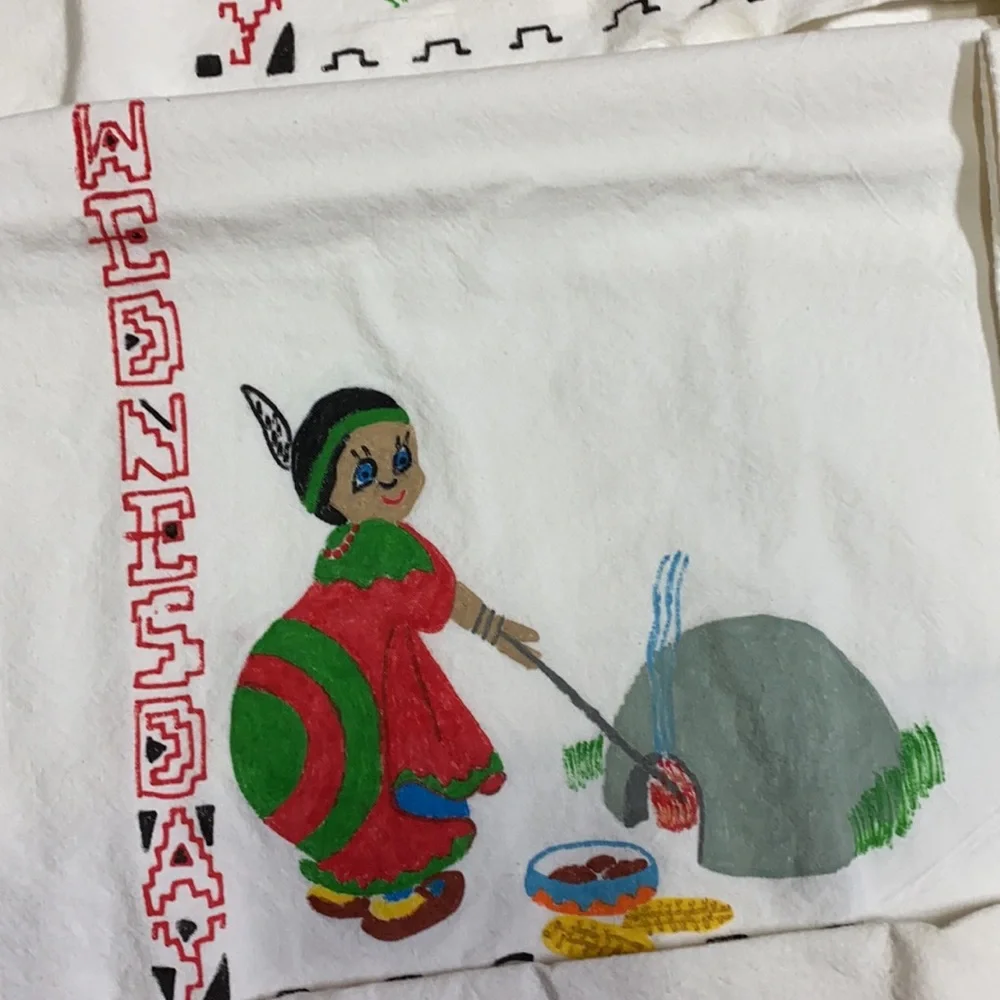 Vintage Native American Hand Painted Dish Towel Set of 7 50s 60s Mid Century